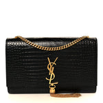 Calfskin Crocodile Embossed Medium Classic Monogram Kate Tassel Satchel Black
