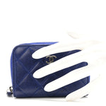 Lambskin Quilted Zip Around Coin Purse Wallet Blue