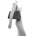 Metallic Grained Calfskin Medium Woven Chain Shopping Bag Black