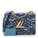 Calfskin Lace Flower Inlay Twist Shoulder Bag MM Navy Black
