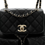 Shiny Caviar Quilted Medium Duma Pockets Drawstring Backpack Black