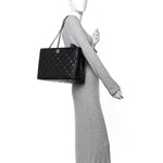 Caviar Quilted Small Shopping Tote Black
