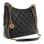 Shiny Crumpled Calfskin Quilted Large Wavy CC Hobo Black