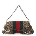 Monogram Textured Dollar Calfskin Heavy Grosgrain Web Medium Maxi Horsebit Chain Shoulder Bag Beige Ebony New Acero