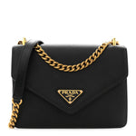 Saffiano Soft Calfskin Metal Triangle Logo Envelope Chain Shoulder Bag Black