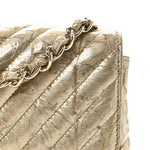 Patent Metallic Crumpled Calfskin Chevron Quilted Mini Square Flap Gold
