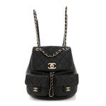 Shiny Caviar Quilted Medium Duma Pockets Drawstring Backpack Black