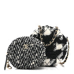 Wool Tweed Lambskin Quilted Round Clutch With Chain and Coin Purse Black White