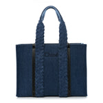 Denim Calfskin Large Braided Woody Ribbon Tote  Blue