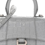 Shiny Calfskin Crocodile Embossed Hourglass Top Handle Bag XS Balenciaga Grey