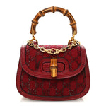 Moire Fabric Calfskin Rhinestone Monogram Monochrome Lizard Embossed Mini Bamboo 1947 Top Handle Chain Bag Red