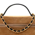 Suede Calfskin Shiny Lambskin Quilted Top Handle Slim Vanity Case With Chain Beige Black