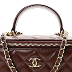 Lambskin Quilted Small Top Handle Vanity Case With Chain Dark Brown
