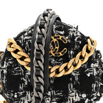 Tweed Quilted 19 Round Clutch With Chain Black White