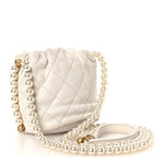 Calfskin Quilted Pearl Mini About Pearls Drawstring Bucket Bag  White
