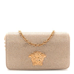 Satin Crystal Medusa Chain Clutch Beige