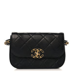 Lambskin Quilted Chain Infinity Waist Belt Bag Black