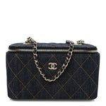 Denim Quilted Vanity Case With Chain Dark Blue