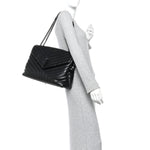 Calfskin Y Quilted Monogram Large Loulou Chain Satchel Black