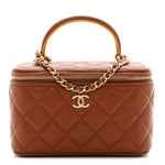 Lambskin Quilted Small Top Handle Vanity Case With Chain Light Brown Yellow