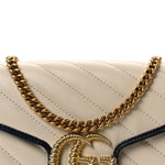 Vintage Effect Calfskin Matelasse Diagonal Torchon GG Marmont Chain Wallet Mystic White Blue Agata