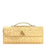 Metallic Satin Lambskin Intrecciato Long Andiamo Top Handle Clutch Gold