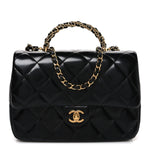 Shiny Lambskin Quilted Twisted Links Top Handle Flap Black