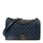 Caviar Quilted Medium Boy Flap Dark Navy Blue