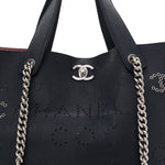 Calfskin Tweed Small Logo Eyelets Shopping Tote Navy Blue