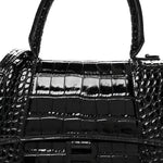 Shiny Calfskin Monochrome Crocodile Embossed Small Hourglass Top Handle Bag Black