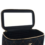 Denim Quilted Vanity Case With Chain Dark Blue