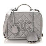 Metallic Caviar Quilted Medium CC Filigree Vanity Case Silver
