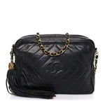 Lambskin Quilted CC Tassel Camera Case Black