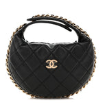 Lambskin Quilted Chain Around Pouch Hobo Black