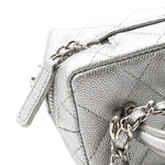 Metallic Caviar Quilted Mini Top Handle Vanity With Chain Silver