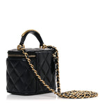 Lambskin Quilted Metal Mini Top Handle Vanity Case With Chain Black