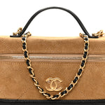 Suede Calfskin Shiny Lambskin Stitched Top Handle Slim Vanity Case With Chain Beige Black