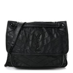 Crinkled Calfskin Matelasse Monogram Medium Niki Chain Satchel Black
