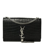 Calfskin Crocodile Embossed Medium Classic Monogram Kate Tassel Satchel Black