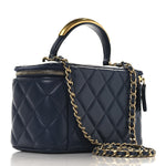 Lambskin Quilted Metal Small Top Handle Vanity Case With Chain Blue