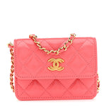 Shiny Lambskin Quilted Card Holder On Chain Pink
