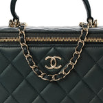 Iridescent Lambskin Quilted Small Top Handle Vanity Case With Chain Green