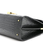 Calfskin Crocodile Embossed Medium Classic Monogram Cassandra Top Handle Black