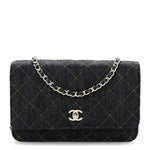 Denim Quilted CC Turnlock Wallet On Chain WOC Dark Blue Orange
