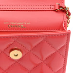 Shiny Lambskin Quilted Card Holder On Chain Pink