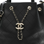 Calfskin Stitched Chain Top Handle Bucket Bag Black