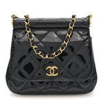 Patent Quilted Frame Clutch Flap With Chain Black