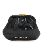Shiny Supple Calfskin Logo Crocodile Embossed Cloud Coin Purse Black White