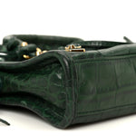 Shiny Supple Calfskin Crocodile Embossed Gold Metallic Edge Hardware Nano City Green