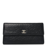 Lambskin Embossed Camellia Large Gusset Flap Wallet Black